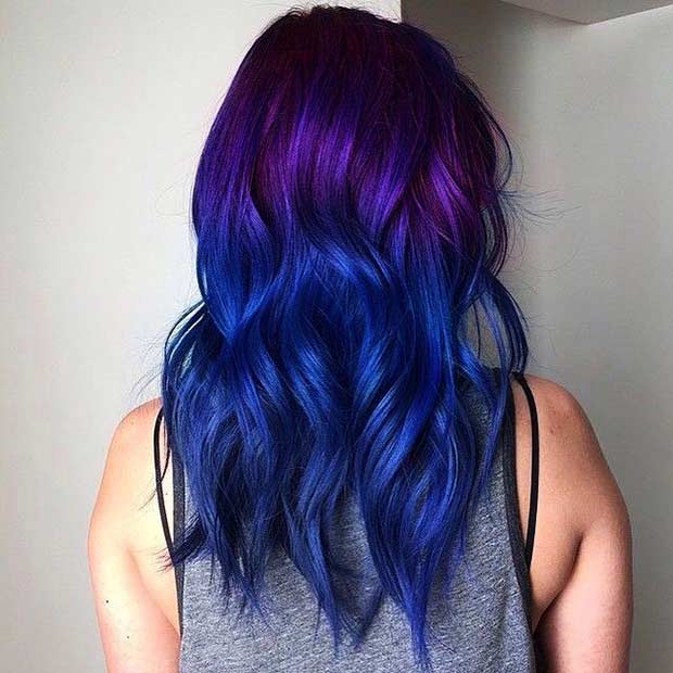 สีม่วง to Dark Blue Ombre Hair Look