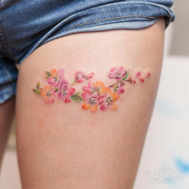 Mic Thigh Flower Watercolor Tattoo Idea for Women