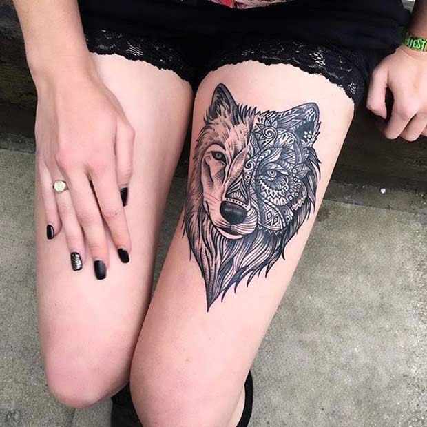 מגניב Wolf Mandala Thigh Tattoo Design for Women