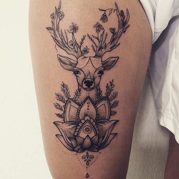 Mandala Deer and Lotus Thigh Tattoo Idea