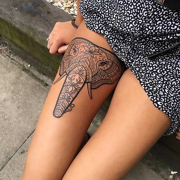 עֶלִיוֹן Thigh Mandala Elephant Tattoo Idea