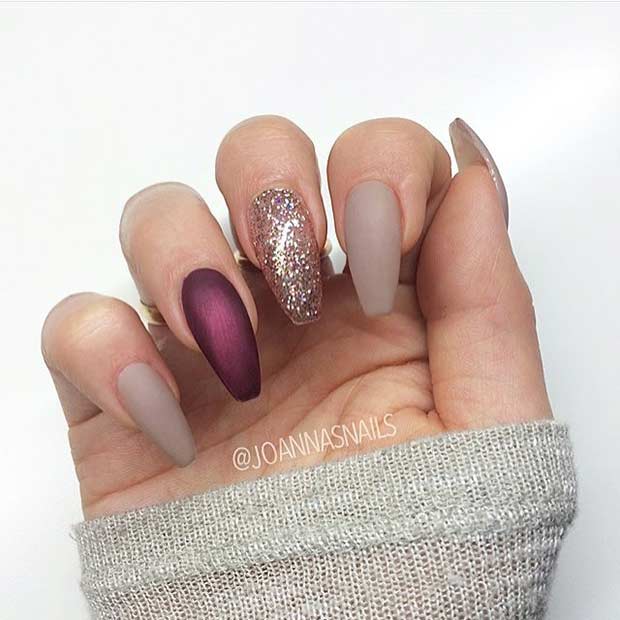 Mat Neutral and Glitter Nail Design for Coffin Nails