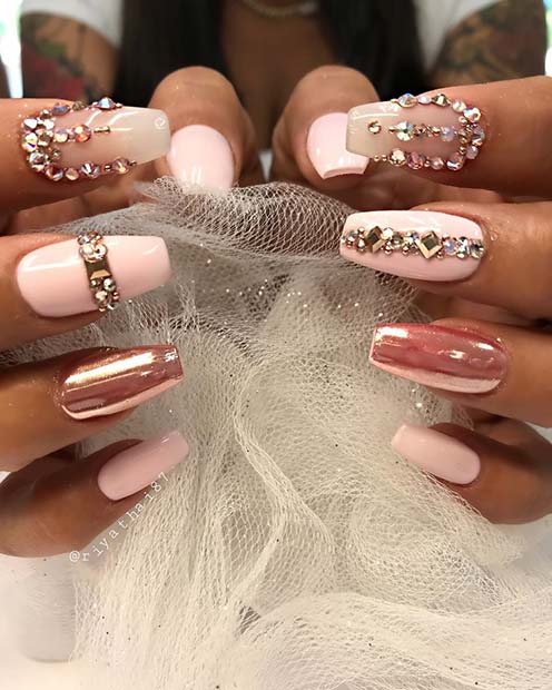 Chrome Coffin Nails with Rhinestones