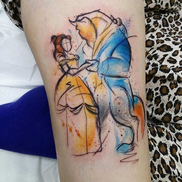 สีน้ำ Beauty and the Beast Silhouettes Tattoo