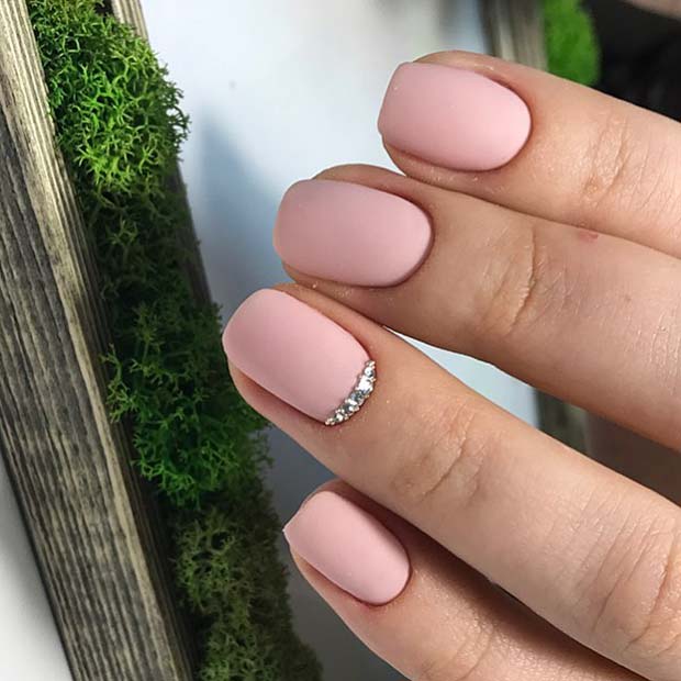 Matte Pink Nails with Crystal Accent Nail
