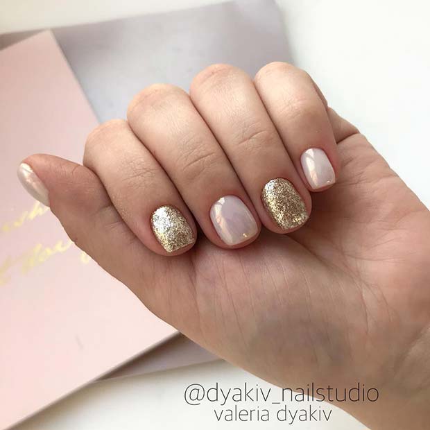 Elegant, Pearly Nails With Gold Glitter