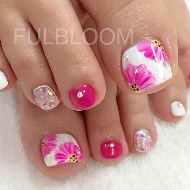 Rózsaszín Flower Toe Nail Art Design for Spring