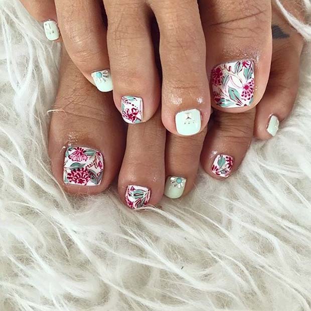 Floral Toe Nail Art Design for Spring