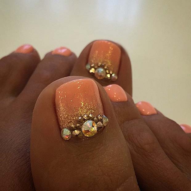 ส้ม Toe Nail Design with Rhinestones