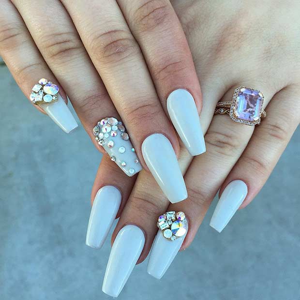 Lung Gray Coffin Nails with Rhinestones