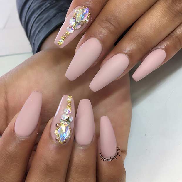 Mat Nude Coffin Nails with Rhinestones