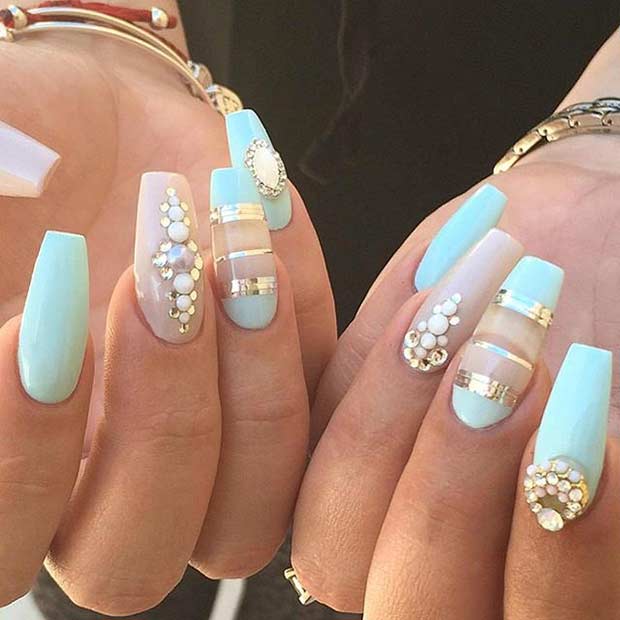 Mint and Neutral Coffin Nail Design