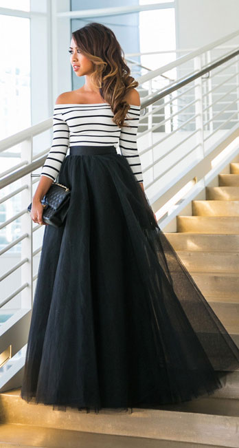 Negru Tulle Maxi Skirt Outfit