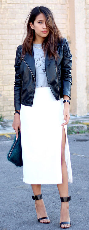 Bela Maxi Skirt Leather Jacket Outfit