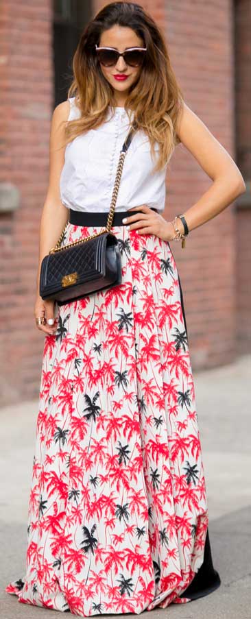 Maxi Print Skirt White Top Outfit