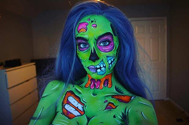 ירוק Pop Art Zombie Halloween Makeup Look