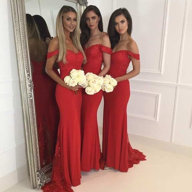 Lång Off Shoulder Red Bridesmaid Dresses