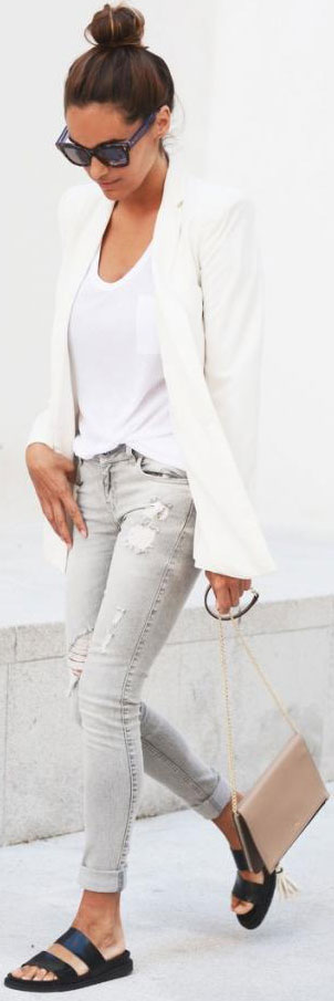 bijela Blazer Grey Jeans Outfit