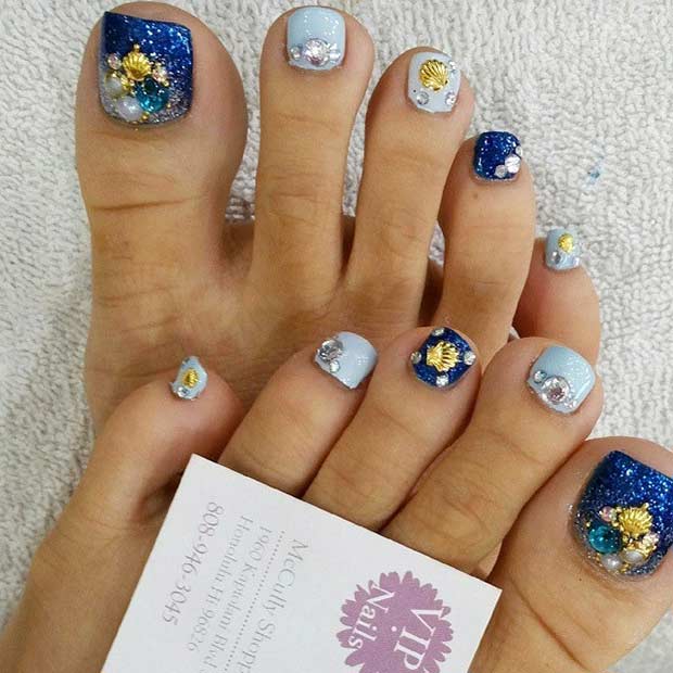 Blå Glitter Beach Toe Nail Design
