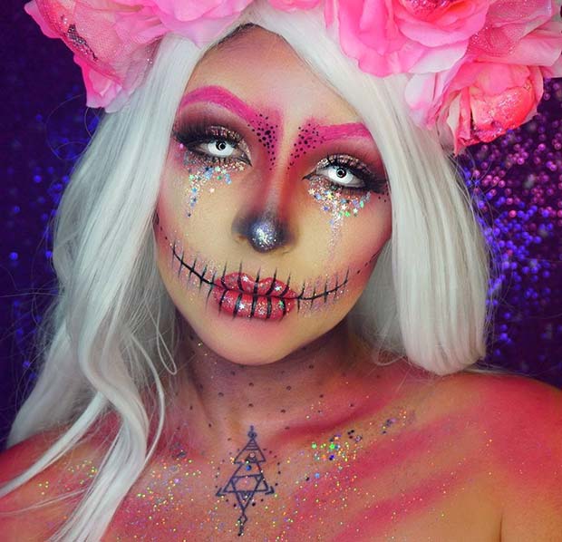गुलाबी Glitter Skull for Unique Halloween Makeup Ideas to Try