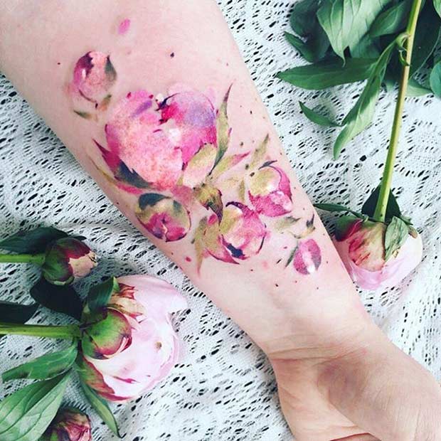 ดอกพีโอะนิ Flower Watercolor Arm Tattoo Idea
