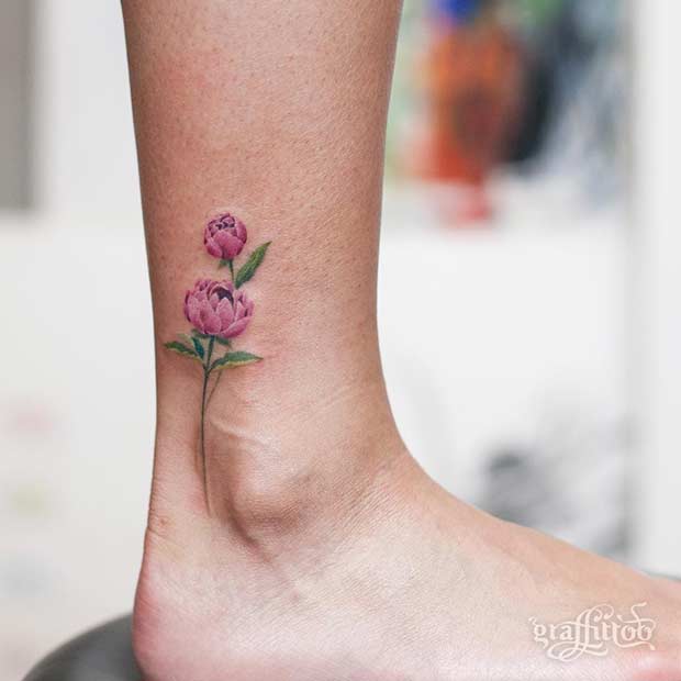 Små Peony Watercolor Flower Foot Tattoo 
