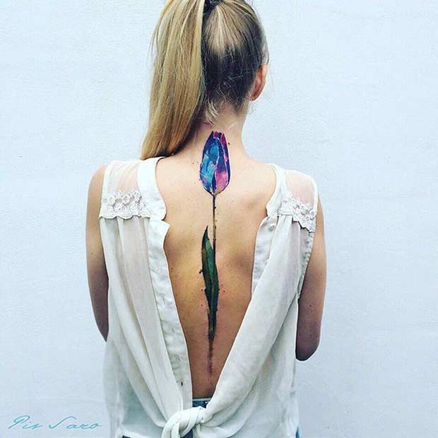 צִבעֵי מַיִם Tulip Spine Tattoo Idea for Women