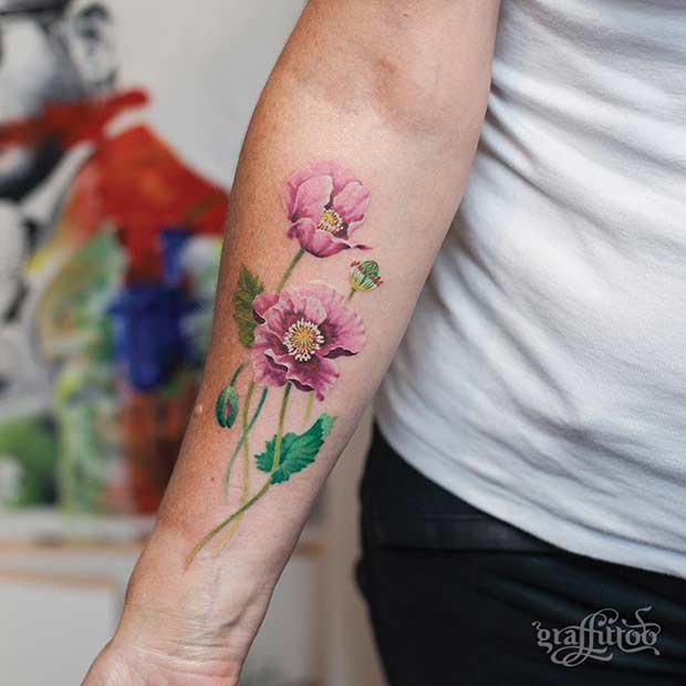 Пинк Poppy Flower Watercolor Arm Tattoo Idea