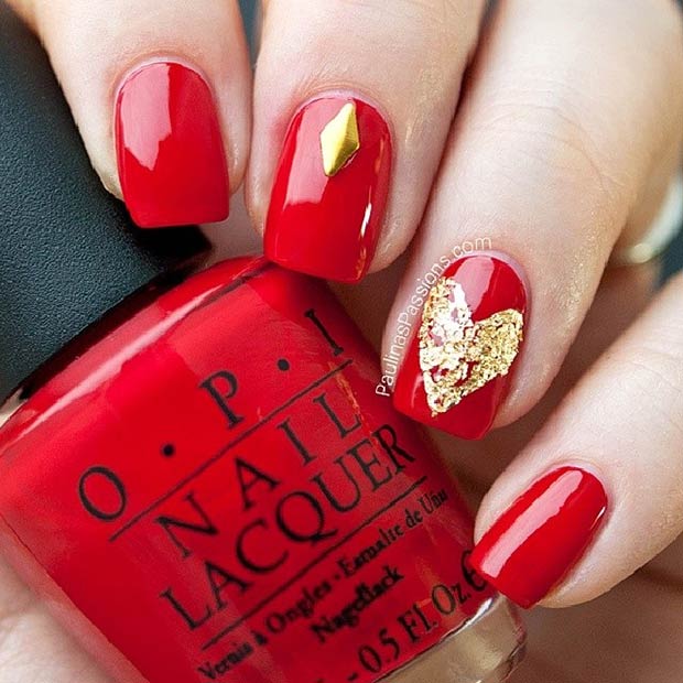 Uşor Red and Gold Heart Nail Design for Valentine's