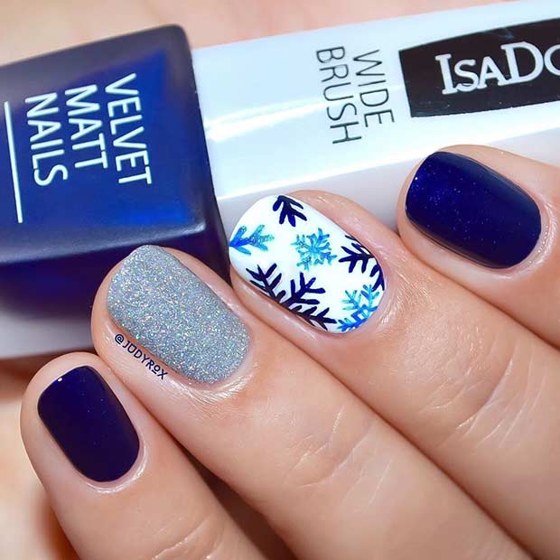 Marin Blue Snowflake Winter Nail Design
