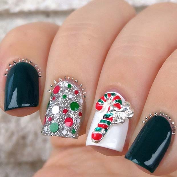 3D Candy Cane Christmas Nails