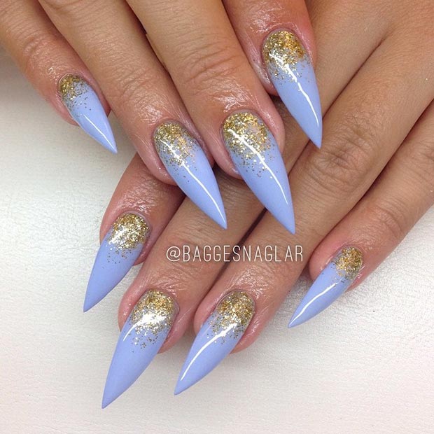 Bebek Blue Gold Glitter Stiletto Nails 
