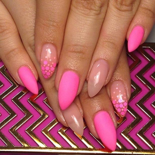 Matte Neon Pink with Nude Stiletto Nails