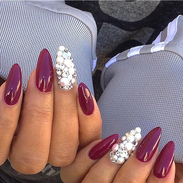burgundac Pearls Stiletto Nails