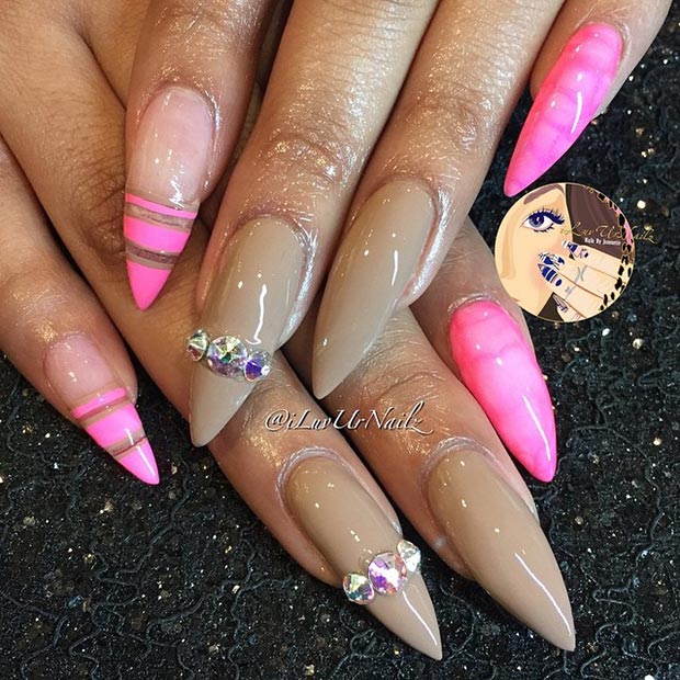 Nud Neon Pink Stiletto Nails 