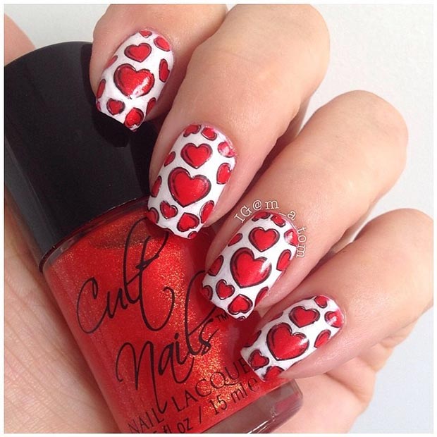 Црвена Hearts Nails for Valentines Day 