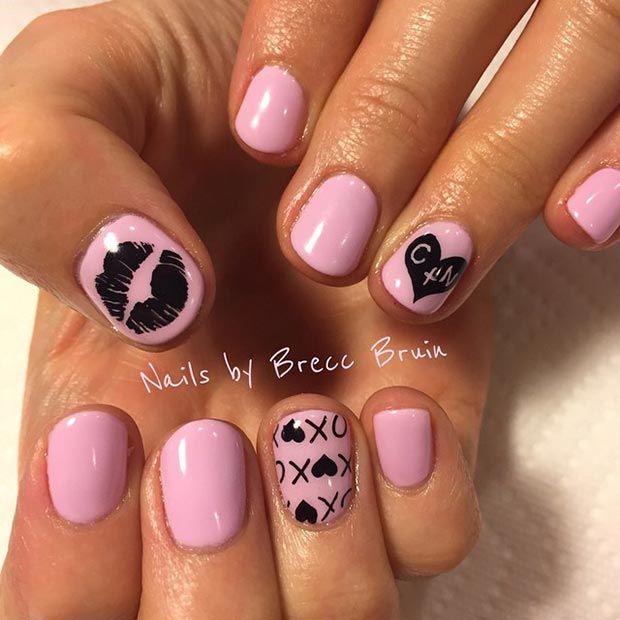 Пинк and Black Valentines Day Nails