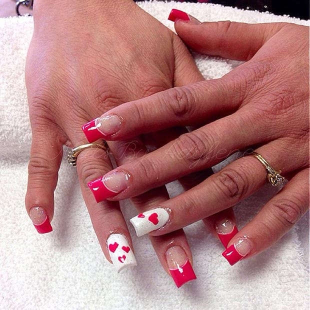 roșu and White Valentine's Day Nails
