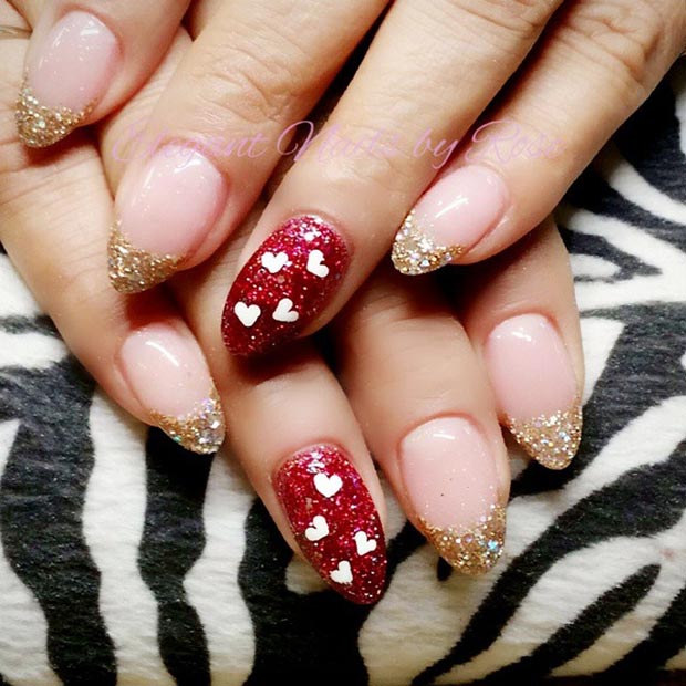 Crvena and Gold Glitter Nail Design for Valentines 