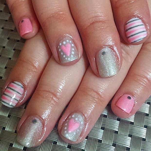 Сребрна and Pink Valentines Day Nails