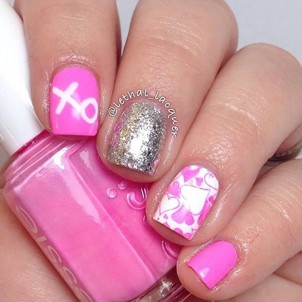 Пинк and Silver Valentines Day Nails 