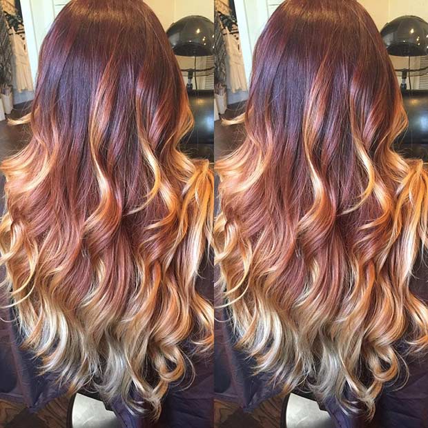 kastanjebrunt Red to Golden Blonde Balayage Ombre Hair