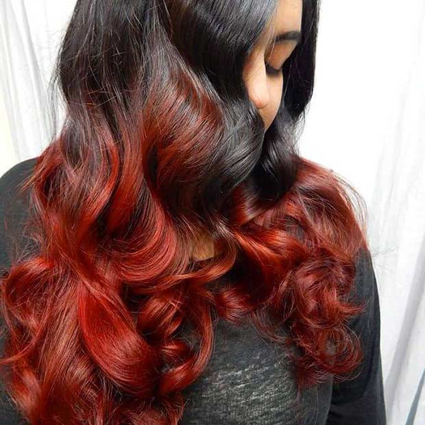 สีดำ to Red Ombre Balayage Hair