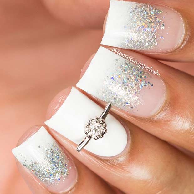 शादी White Nail Design with Silver Glitter