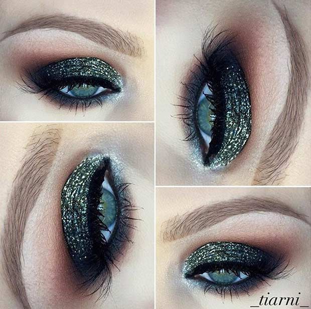Sötét Green Glitter Eye Makeup Look