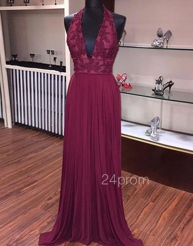 ארוך Burgundy Lace Prom Dress