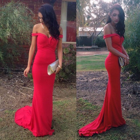 Uzun Off the Shoulder Red Prom Dress