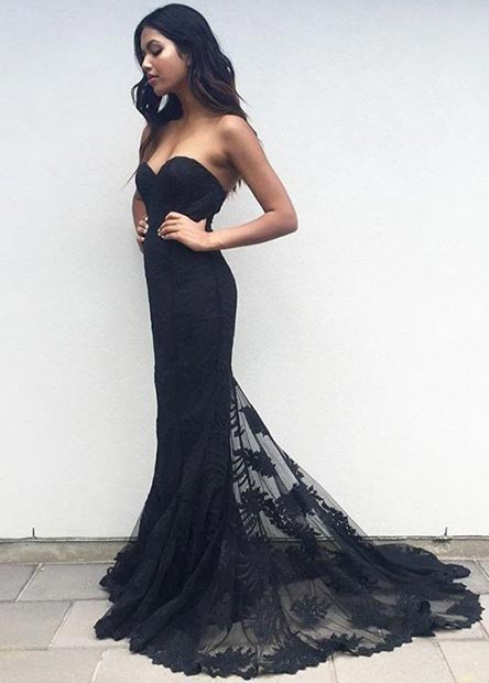 ארוך Black Strapless Prom Dress