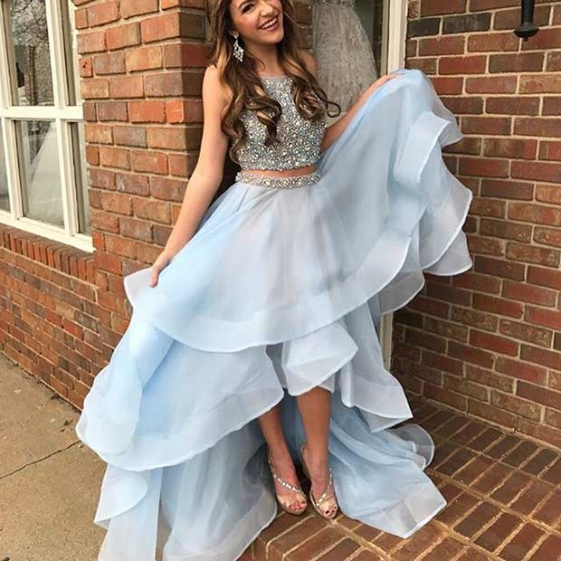 svjetlucavi Two Piece Baby Blue Prom Dress