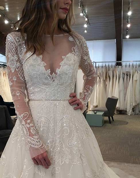 לבן Lace Wedding Dress with Long Sleeves
